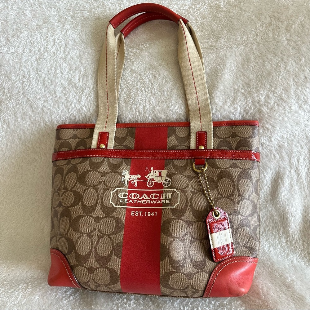 COACH Heritage 11350 Orange Tan Signature Coated Canvas Tote Shoulder Bag Purse